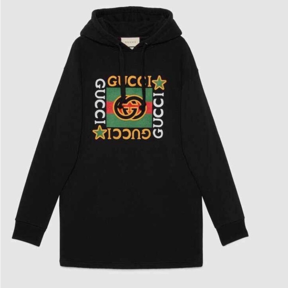 Gucci Black Hoodie Dress with Multicolor Logo